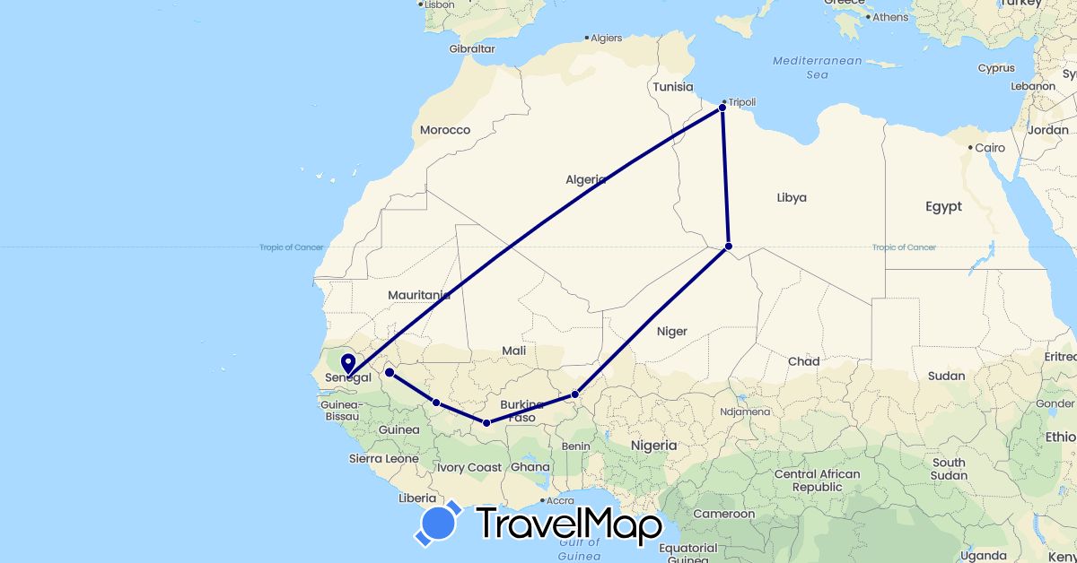 TravelMap itinerary: driving in Burkina Faso, Libya, Mali, Niger, Senegal (Africa)